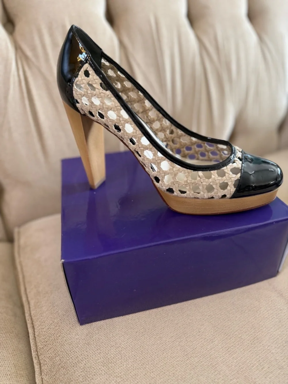 Cole Haan black patent leather woven platform heels